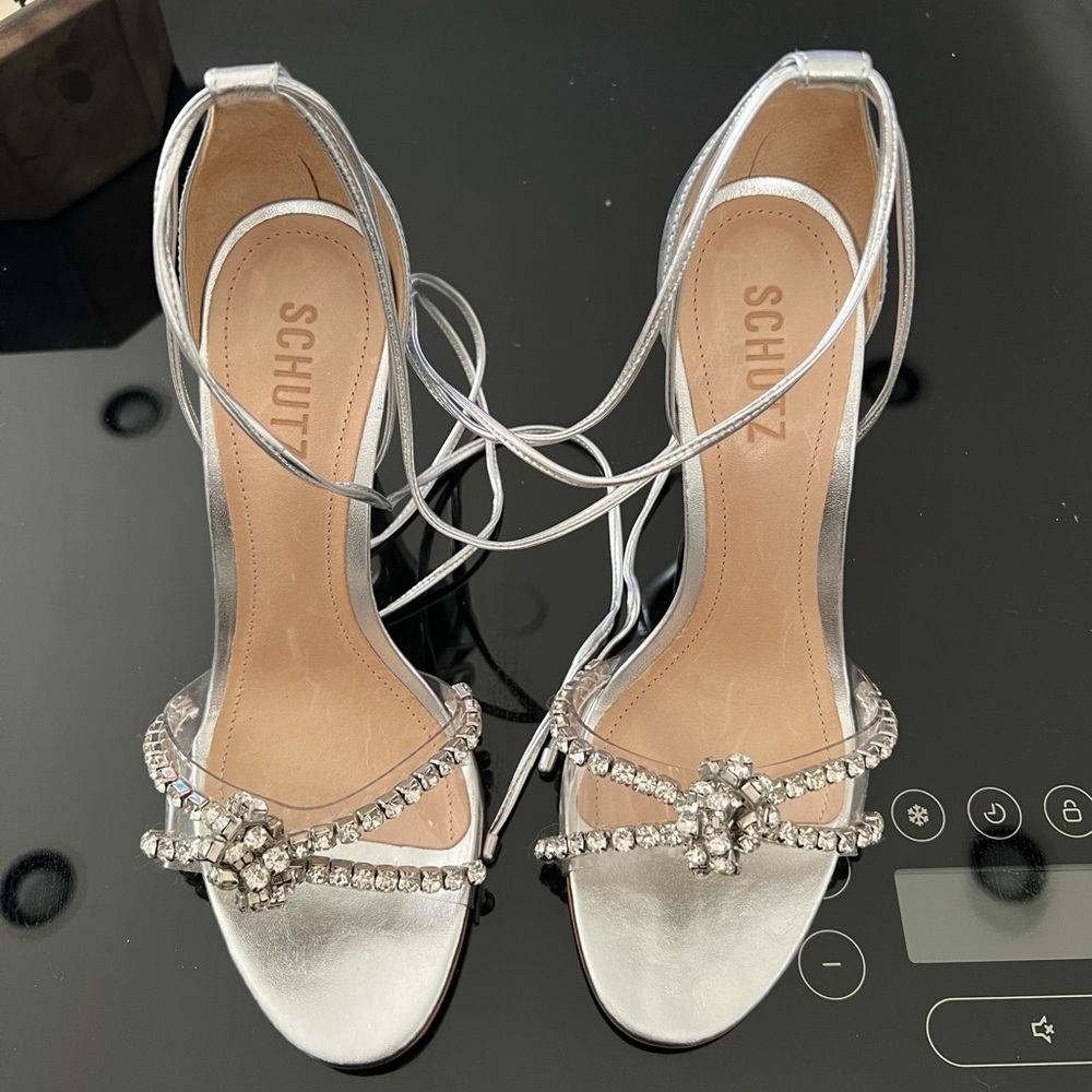 Schutz Silver Lace Up Diamond Heels - Picture 2 of 3